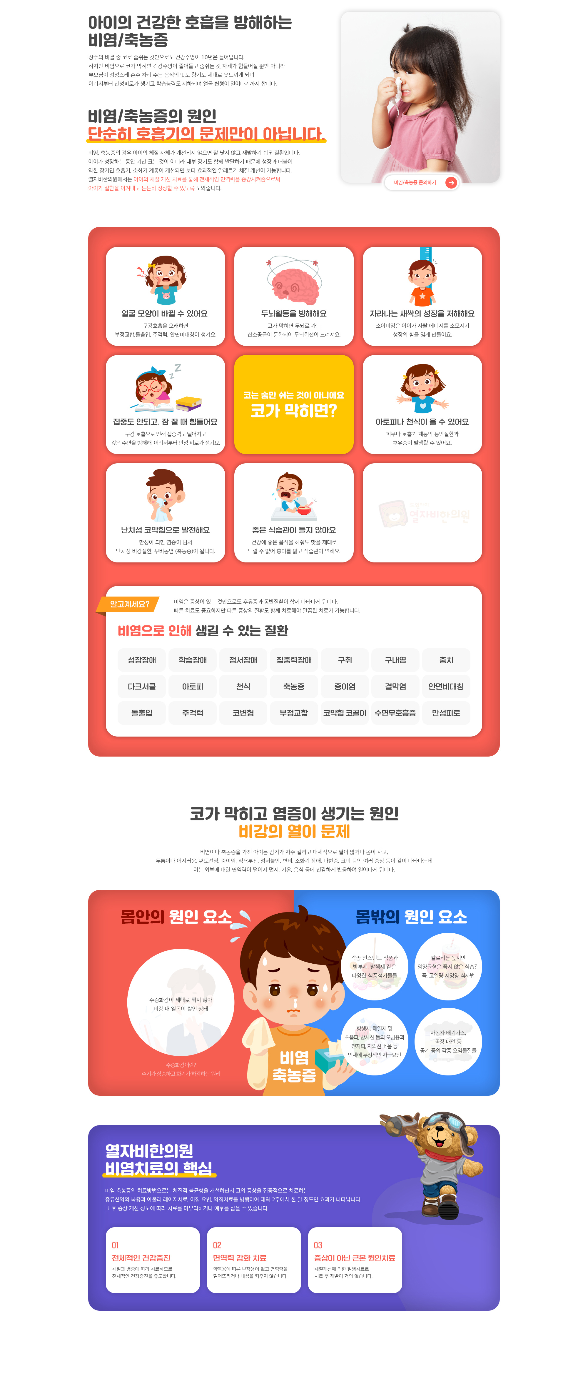 비염/축농증의 원인, 단순히 호흡기의 문제만이 아닙니다. 비염, 축농증은 아이의 체질 자체가 개선되지 않으면 잘 낫지 않고 재발하기 쉬운 질환입니다. 아이가 성장하는 동안 키만 크는 것이 아니라 내부 장기도 함께 발달하기 때문에 성장과 더불어 약한 장기인 호흡기, 소화기 계통이 개선되면 보다 효과적인 알레르기 체질 개선이 가능합니다. 열자비한의원에서는 아이의 체질 개선 치료를 통해 전체적인 면역력을 증강시켜줌으로써 아이가 질환을 이겨내고 튼튼히 성장할 수 있도록 도와줍니다.